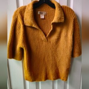 Bailey 44 V-Neck Collarded Fuzzy Mustard Gold Sweater - Size XL